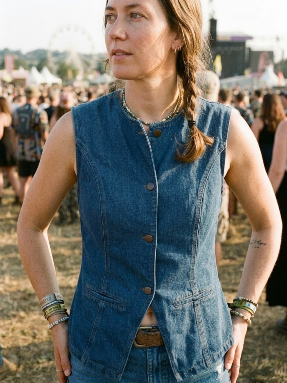 Women’s XL Blue Denim Vest Fitted Lightweight Cotton Y2K 90s Western